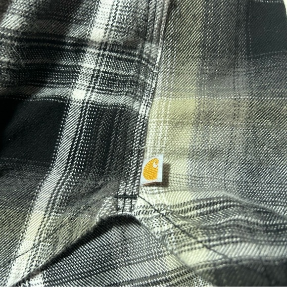 Carhartt Flannel Plaid Hooded Medium Button Down Shirt Oversized Gray Tan - Picture 4 of 6